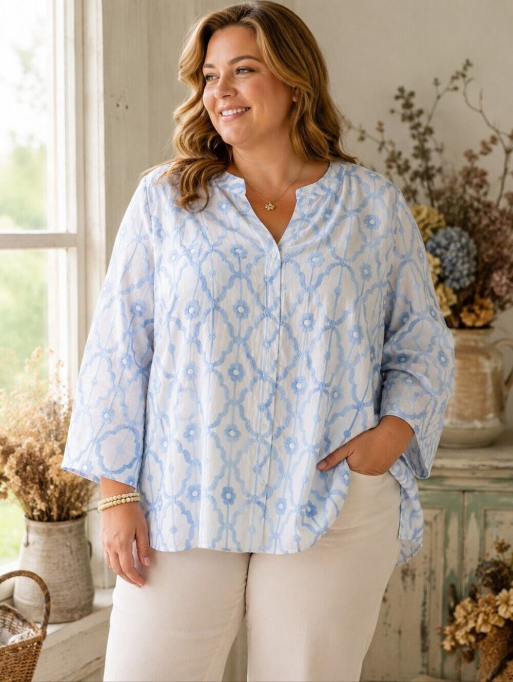 Ruby Rd. Woman 1X Gauze Peasant Blouse Blue White Cottagecore Boho Coastal Airy
